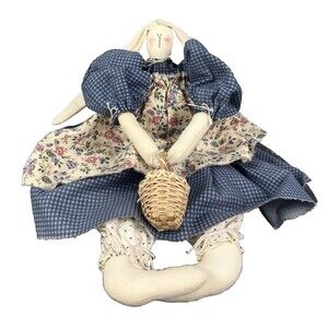 Primitive 12" Bunny Doll Gingham Dress Floral Apron With Basket